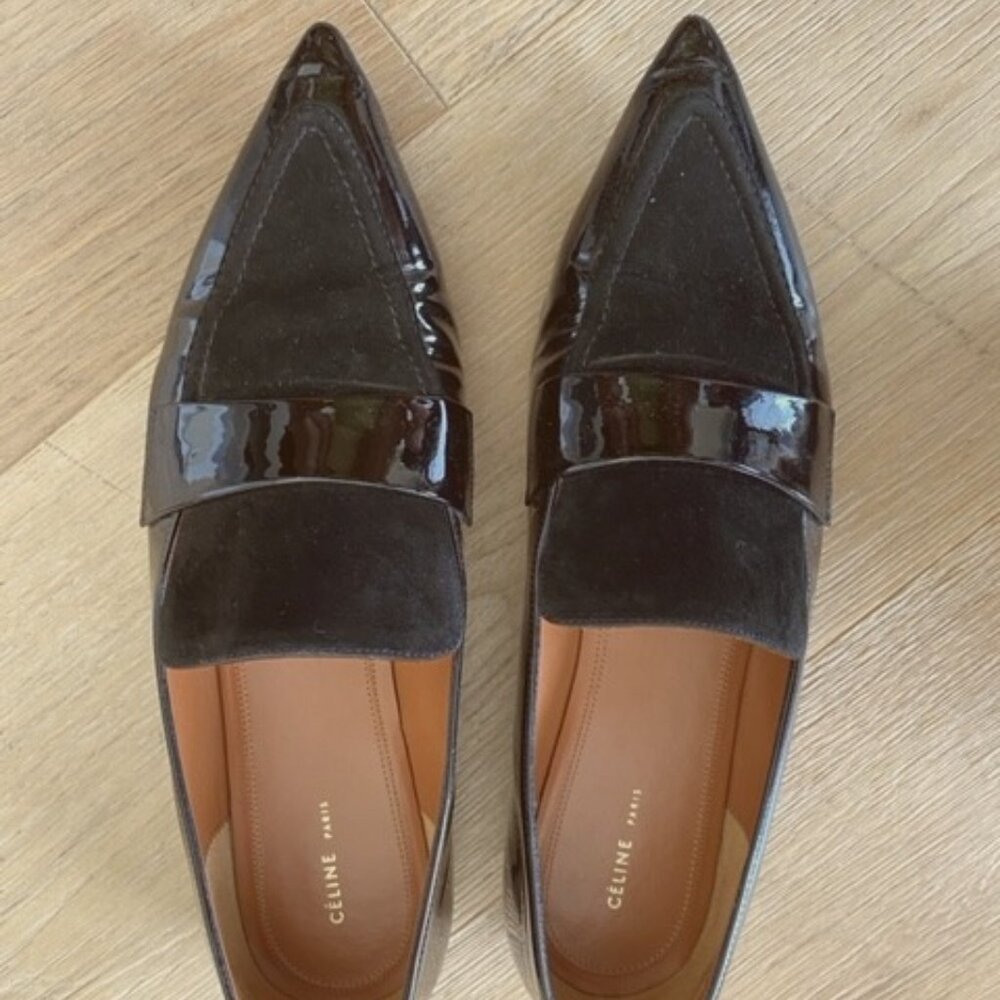 Celine Black Pointed Toe Flats – Suede and Patent Calfskin size 7